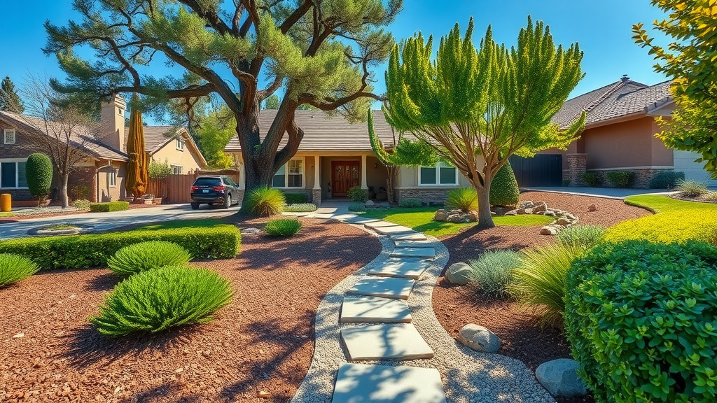 Modern Sacramento landscape design with xeriscaping, shade trees, and native plants.